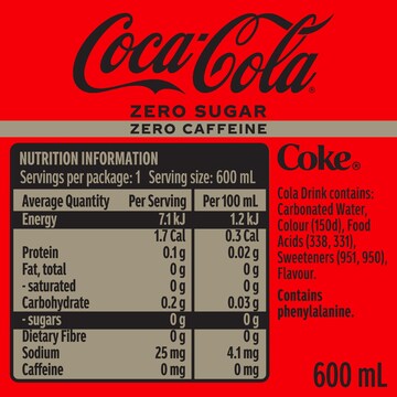 Coca-Cola Zero Sugar Zero Caffeine Bottle 600mL