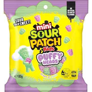 Sour Patch Kids Puffy Heads Lollies Apple & Grape 80g