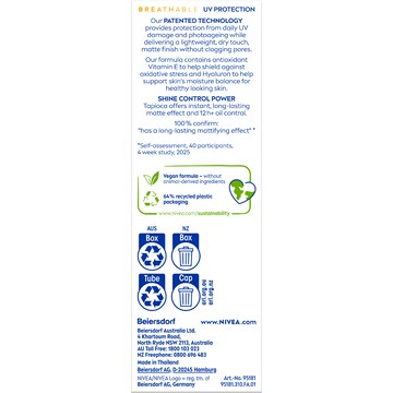 Nivea SPF 50+ UV Face Cream Shine Control Sunscreen 40mL
