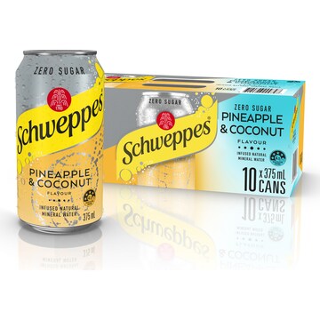 Schweppes Zero Sugar Pineapple Coconut Sparkling Mineral Water Cans 375mL x 10 pack