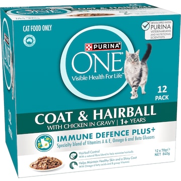 Purina One Coat & Hairball Wet Cat Food Chicken In Gravy 70g x 12 pack