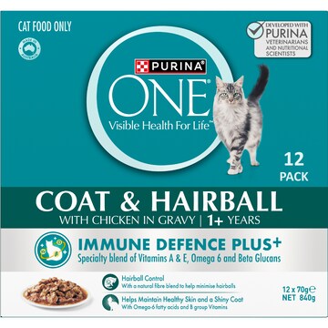 Purina One Coat & Hairball Wet Cat Food Chicken In Gravy 70g x 12 pack