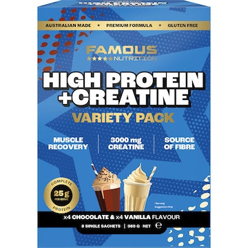 Famous Nutrition High Protein & Creatine Powder Variety Sachets 360g 8 pack