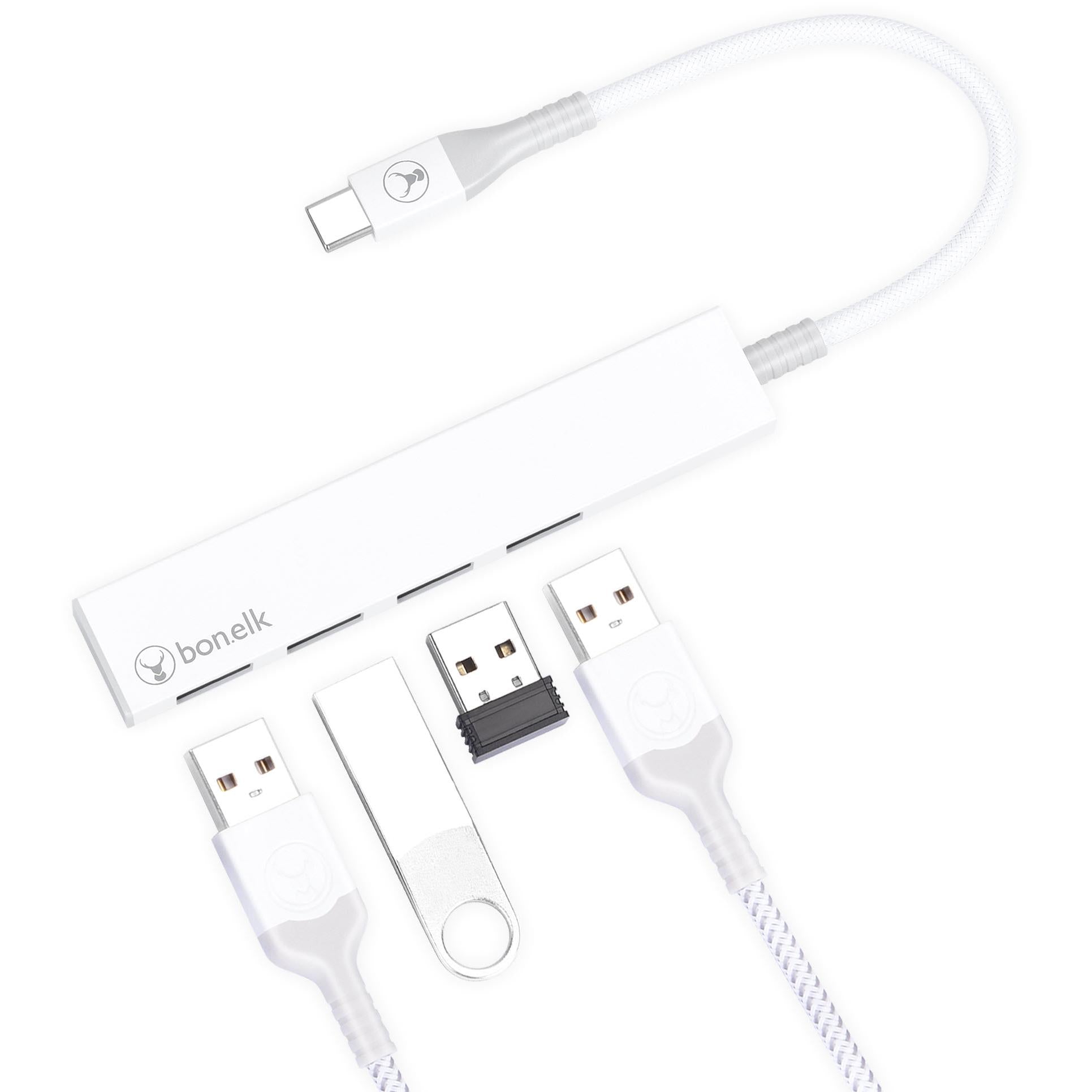 Bonelk Long-Life USB-C to 4 Port USB 3.0 Slim Hub (White)