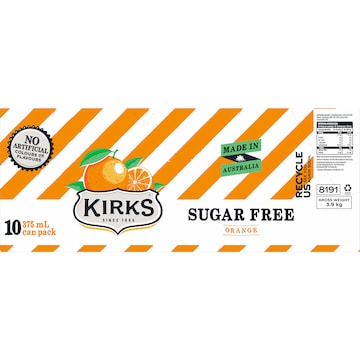 Kirks Sugar Free Orange Soft Drink Multipack Cans 375mL x 10 pack