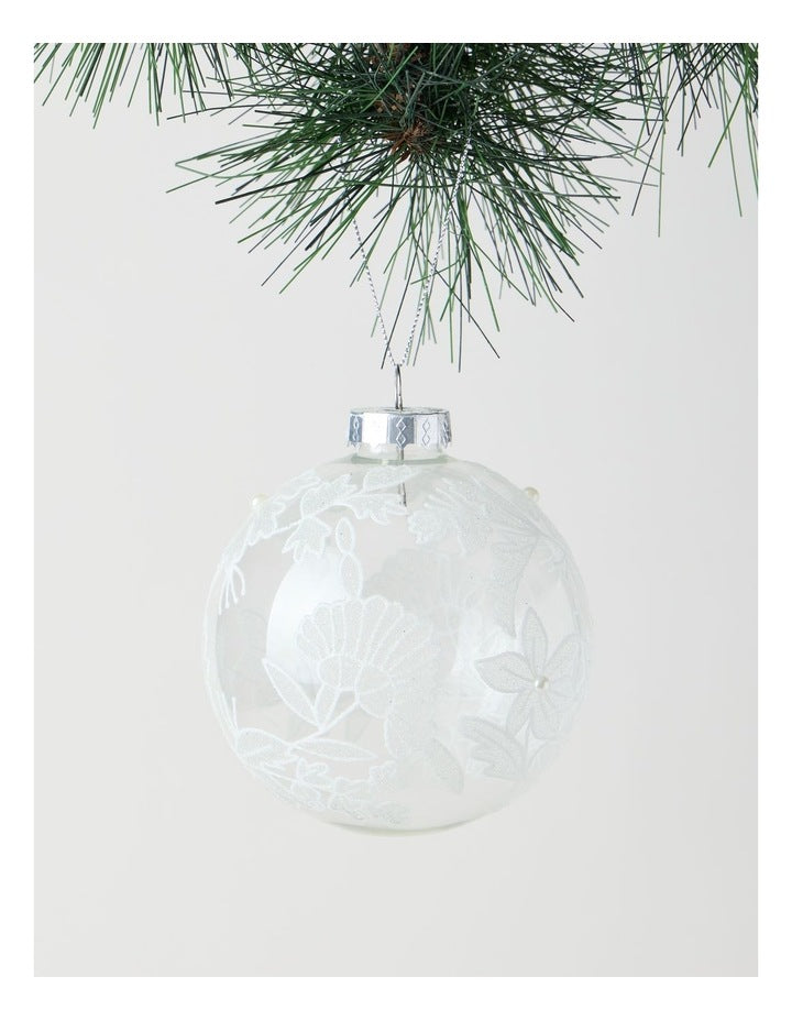 Luxe Christmas 100mm Clear Glass Bauble withWhite Decorative Glitter Leaves