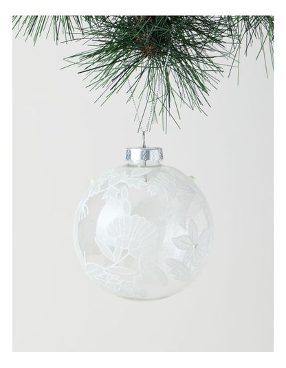 Luxe Christmas 100mm Clear Glass Bauble withWhite Decorative Glitter Leaves