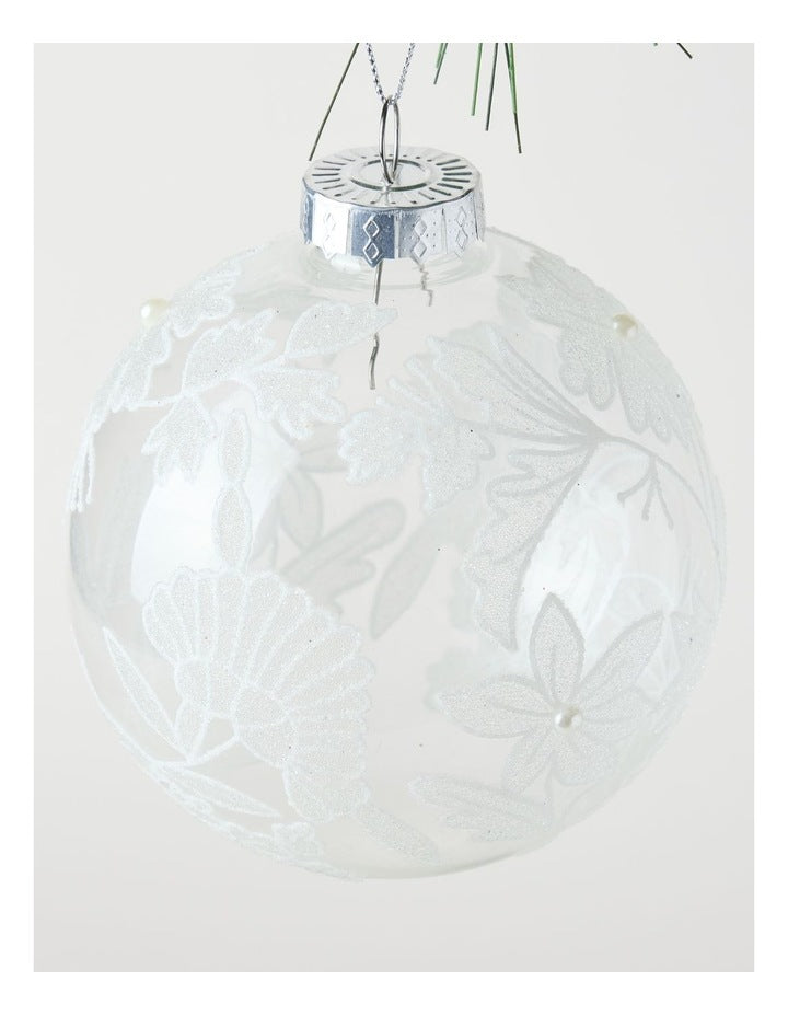 Luxe Christmas 100mm Clear Glass Bauble withWhite Decorative Glitter Leaves