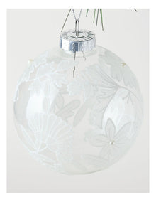 Luxe Christmas 100mm Clear Glass Bauble withWhite Decorative Glitter Leaves