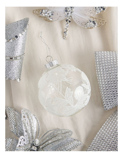 Luxe Christmas 100mm Clear Glass Bauble withWhite Decorative Glitter Leaves