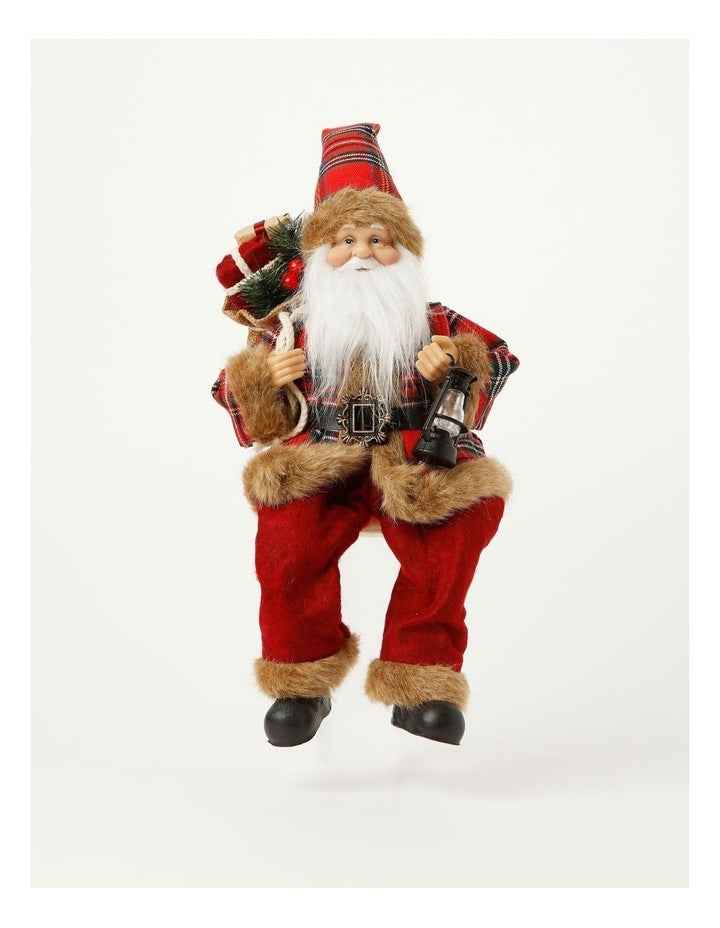 Heirloom Christmas Flannel Faux Fur Sitting Santa with Lantern 30cm in Red/Black