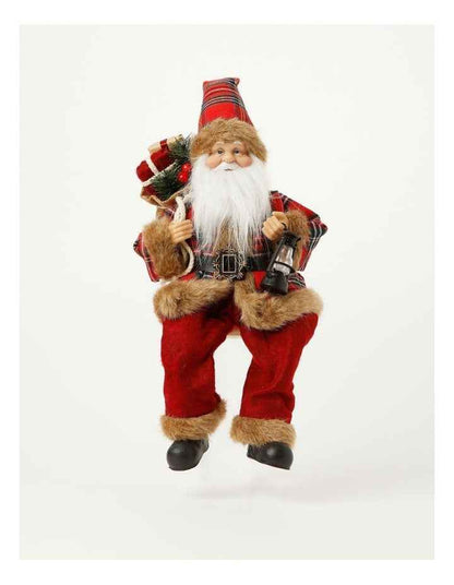 Heirloom Christmas Flannel Faux Fur Sitting Santa with Lantern 30cm in Red/Black