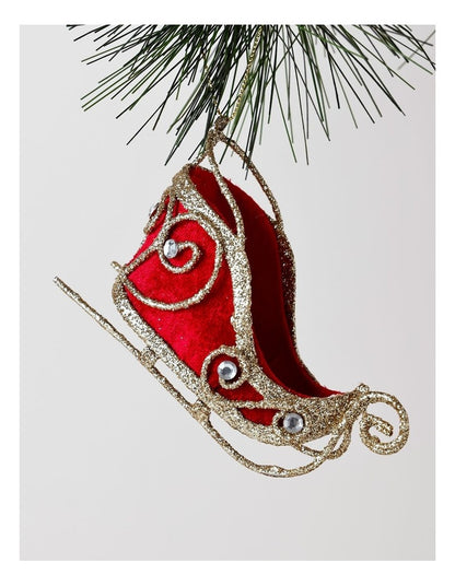 Heirloom Christmas Gold Glitter Wire Sleigh with Red Fabric