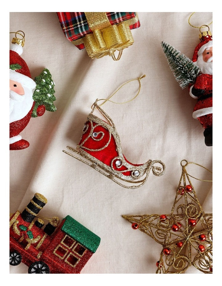 Heirloom Christmas Gold Glitter Wire Sleigh with Red Fabric