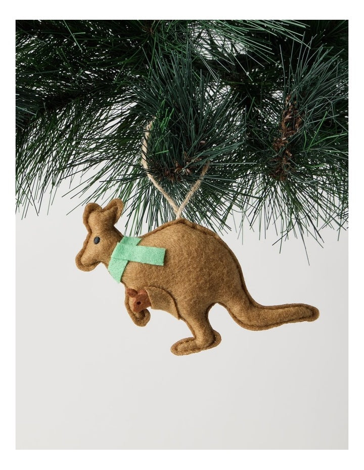 Eucalyptus Christmas 8cm Light Brown Fabric Stitched Kangaroo Wearing A Green Scarf