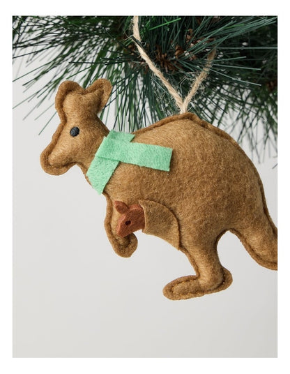 Eucalyptus Christmas 8cm Light Brown Fabric Stitched Kangaroo Wearing A Green Scarf