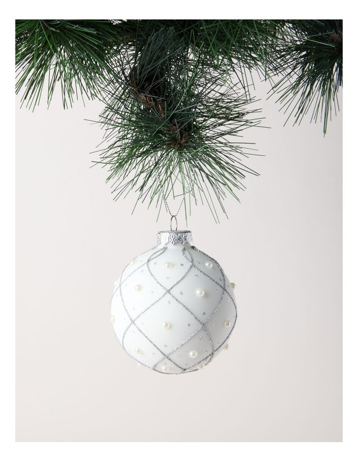 Luxe Christmas Glass Rounded Grid with Pearls BaubleWhite: 8cm