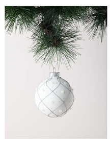 Luxe Christmas Glass Rounded Grid with Pearls BaubleWhite: 8cm