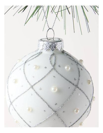 Luxe Christmas Glass Rounded Grid with Pearls BaubleWhite: 8cm