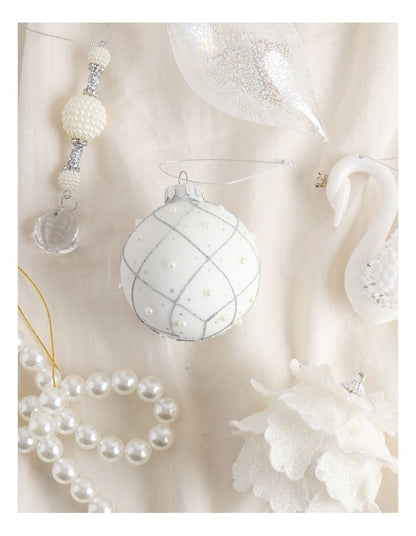 Luxe Christmas Glass Rounded Grid with Pearls BaubleWhite: 8cm