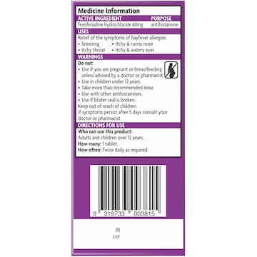 Telfast Hayfever Allergy Relief 60mg Antihistamine Tablets 20 pack