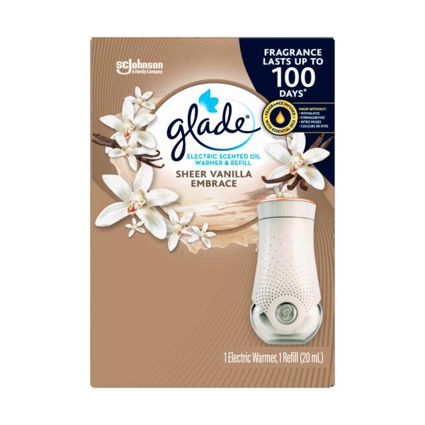 GLADE ELECTRIC SCENTED OIL WARMER & REFILL SHEER VANILLA EMBRACE 20ML