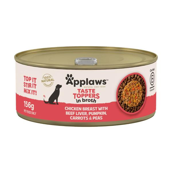 APPLAWS TASTE TOPPERS DOG TIN CHICKEN BREAST WITH BEEF LIVER & VEG IN BROTH DOG FOOD 156 GRAM