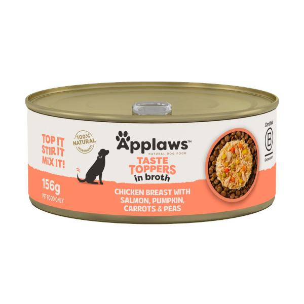 APPLAWS TASTE TOPPERS DOG TIN CHICKEN BREAST WITH SALMON & VEGETABLES IN BROTH DOG FOOD 156 GRAM