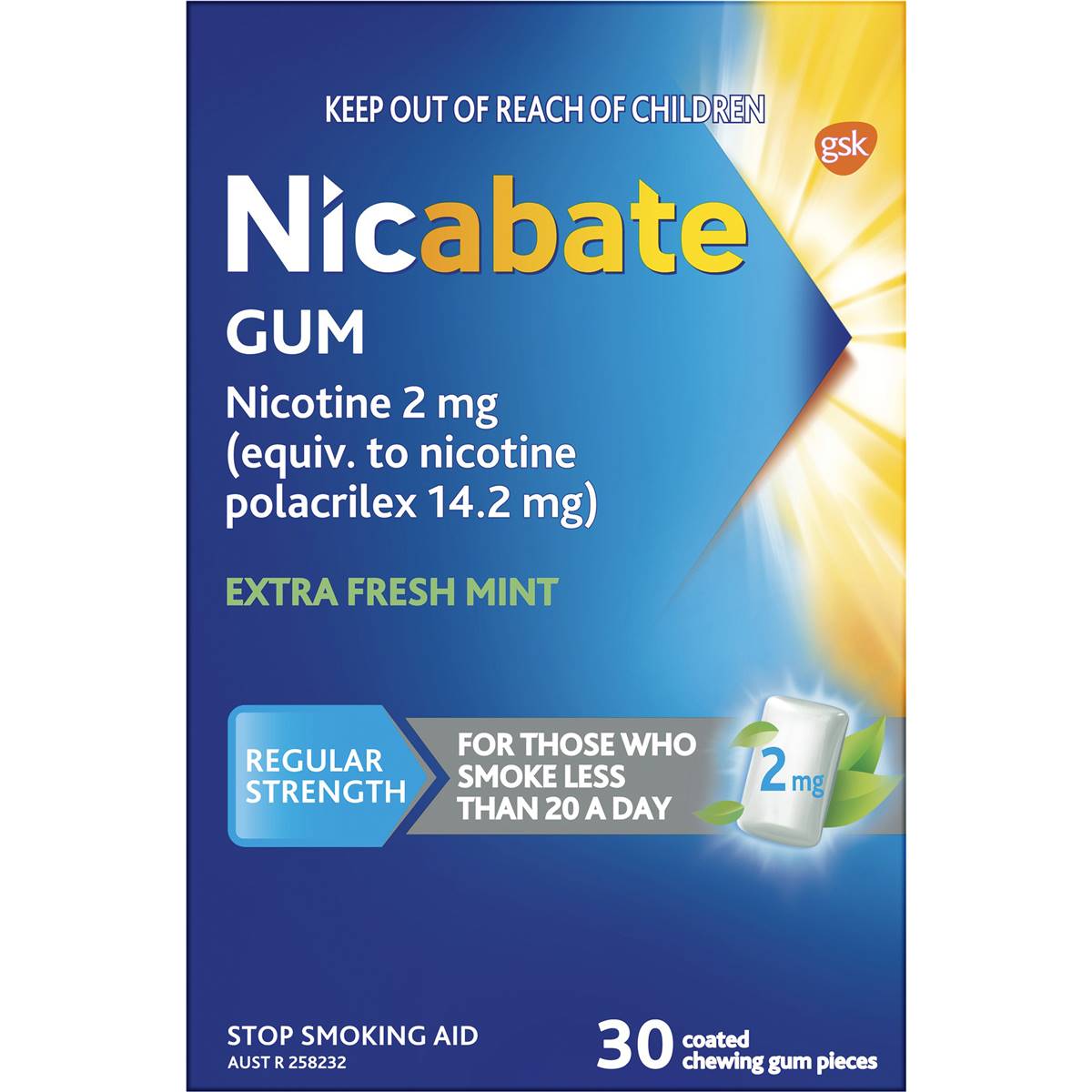 Nicabate Quit Smoking Chewing Gum Regular Strength 2mg Nicotine 30 Pack