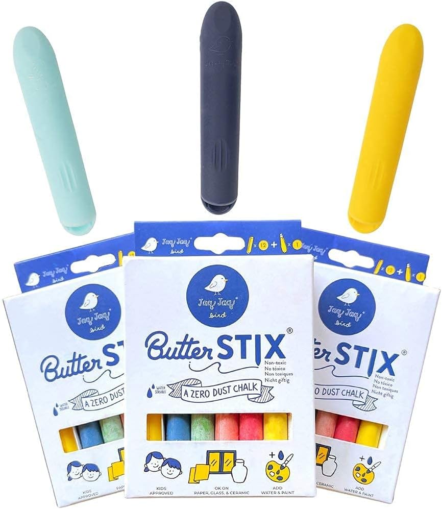 Jaq Jaq Bird ButterStix Zero Dust Chalk 12pc Assorted Colours with Holder Stationary Art and craft for kids 3yrs+