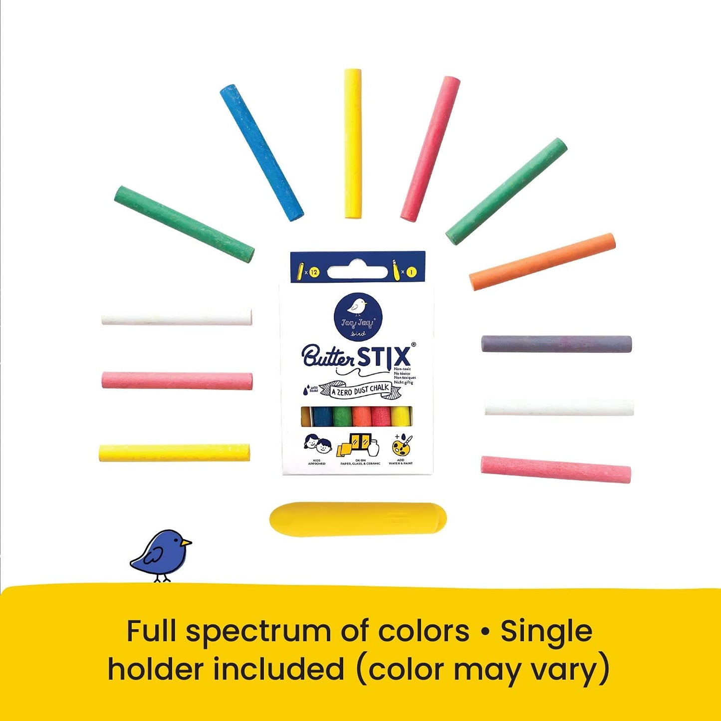 Jaq Jaq Bird ButterStix Zero Dust Chalk 12pc Assorted Colours with Holder Stationary Art and craft for kids 3yrs+