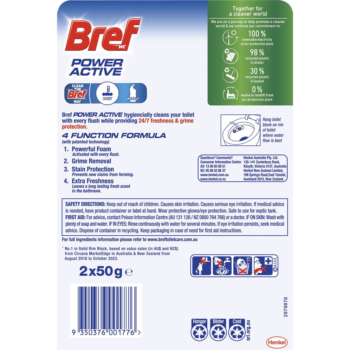 Bref Power Active Lemon Toilet Cleaner Block 50g x 2 pack