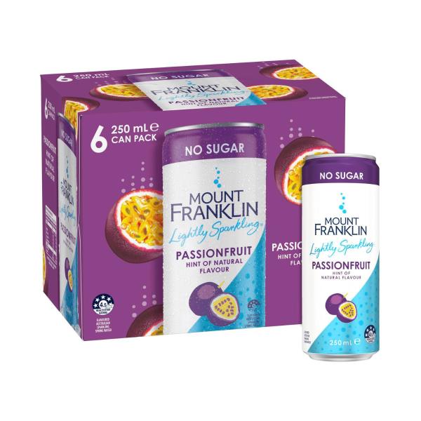MOUNT FRANKLIN SPARKLING WATER CANS 6X250ML:PASSIONFRUIT:.:6 PACK