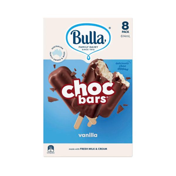 BULLA VANILLA ICE CREAM CHOC BARS 8 PACK 600ML