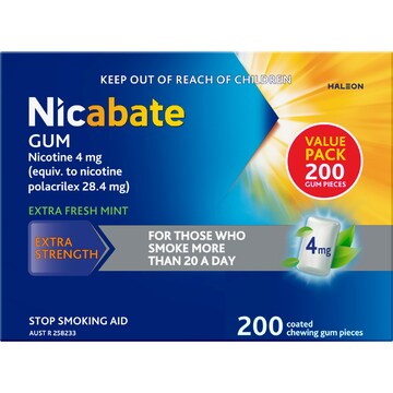 Nicabate Quit Smoking Chewing Gum Extra Strength 4mg Nicotine 200 pack