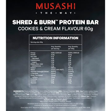 Musashi Shred & Burn Protein Bar Cookies & Cream 60g