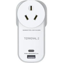 Terminal 2 Outbound Travel Adaptor with USB-A and USB-C Ports UK