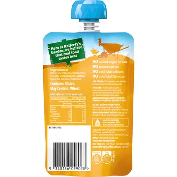 Rafferty's Garden Baby Food Pouch Chickpea Corn & Carrot Protein 8+ Months 120g