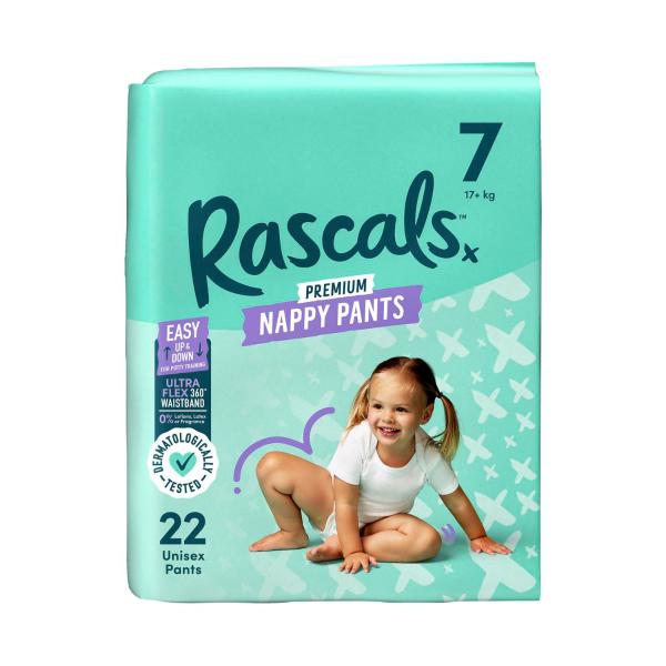 RASCALS PREMIUM NAPPY PANTS SIZE 7 (17+KG) 22 PACK
