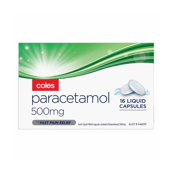 COLES PARACETAMOL 500MG LIQUID CAPSULES 16PK