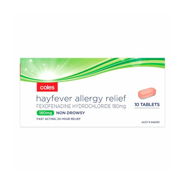 COLES HAYFEVER ALLERGY RELIEF FEXOFENADINE 180MG TABLETS 10PK