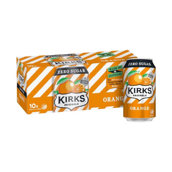 KIRKS SOFT DRINK 10X375ML:ORANGE:SUGAR FREE:10 PACK