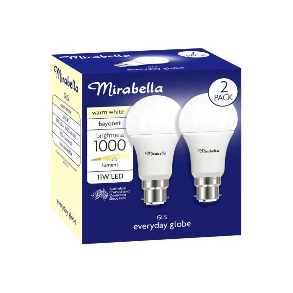 MIRABELLA LED 2PK GLS BC 11W 1000LUM 2700K WARM WHITE A60