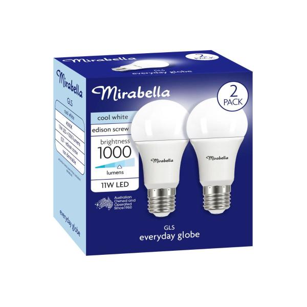 MIRABELLA  LED 2PK GLS ES 11W 1000LUM 4000K COOL WHITE BRAND A60