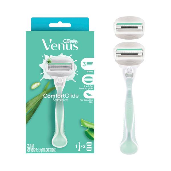 GILLETTE VENUS COMFORTGLIDE SENSITIVE RAZOR WITH 2 REFILS 1 EACH