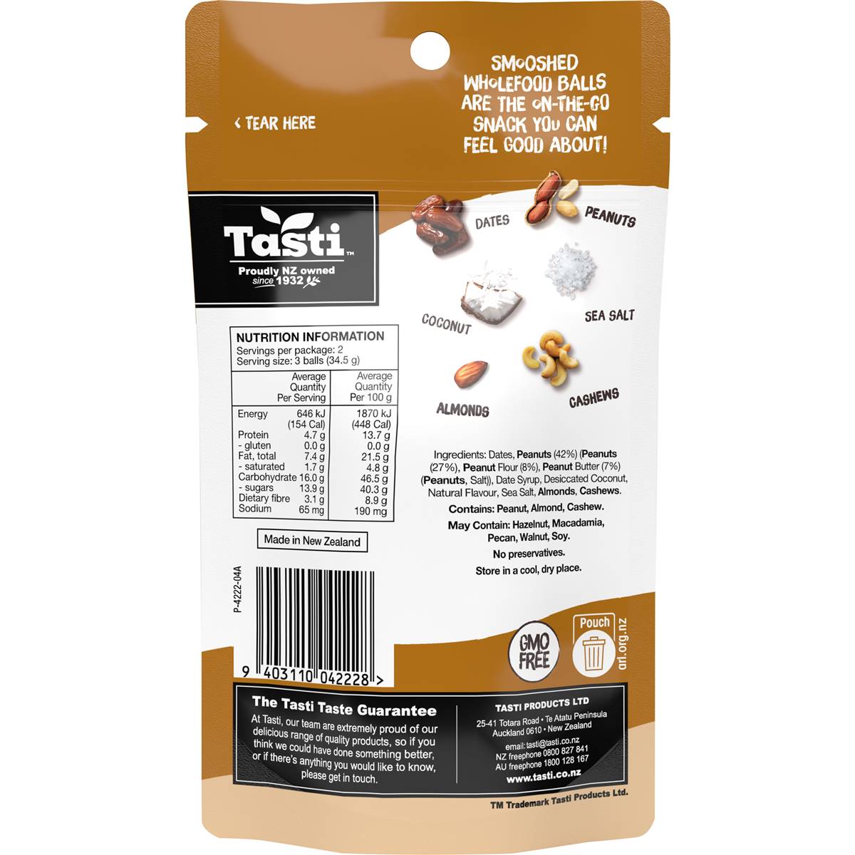 Tasti Smooshed Wholefood Balls Peanut Butter & Caramel 69g