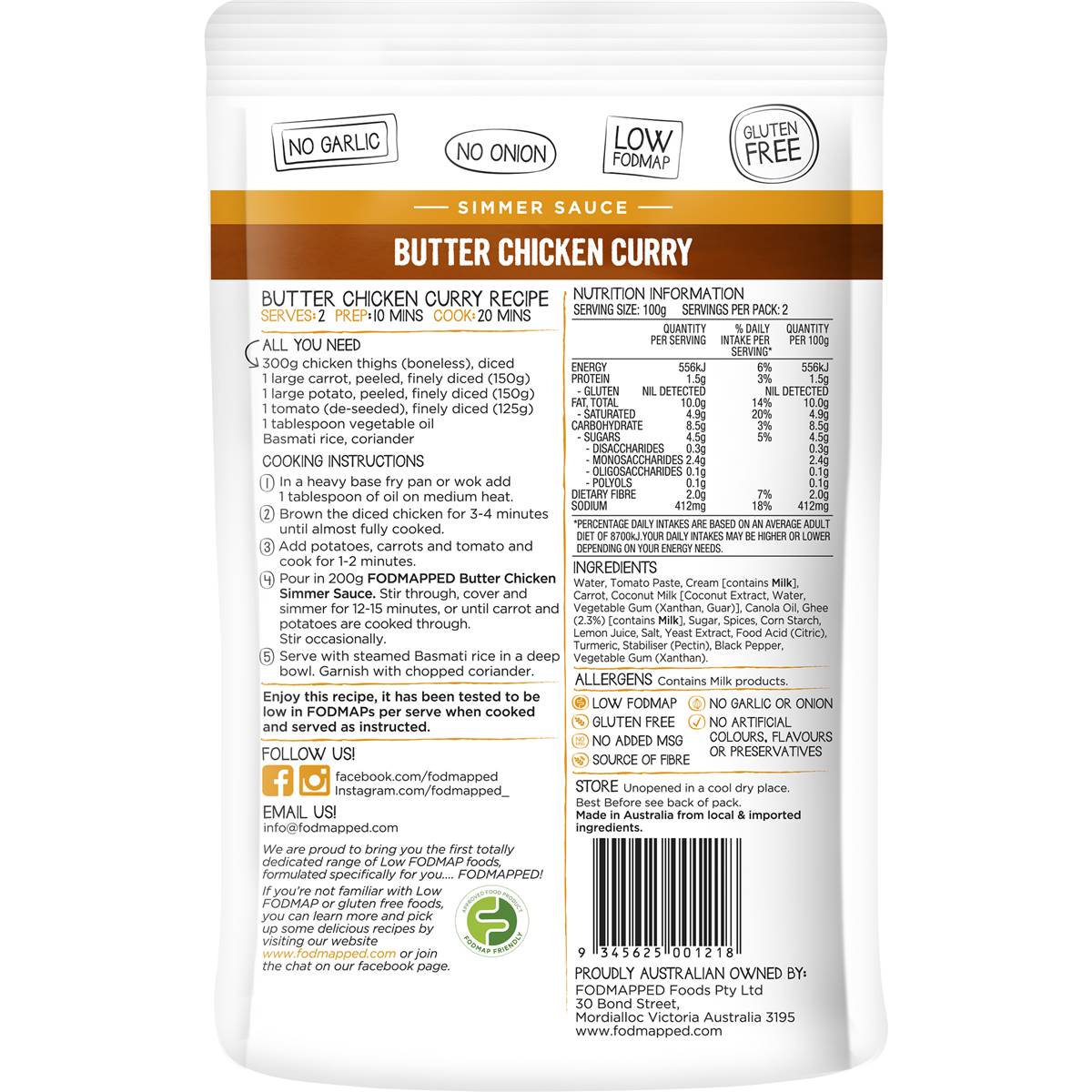 Fodmapped For You Simmer Sauce Butter Chicken Curry 200G