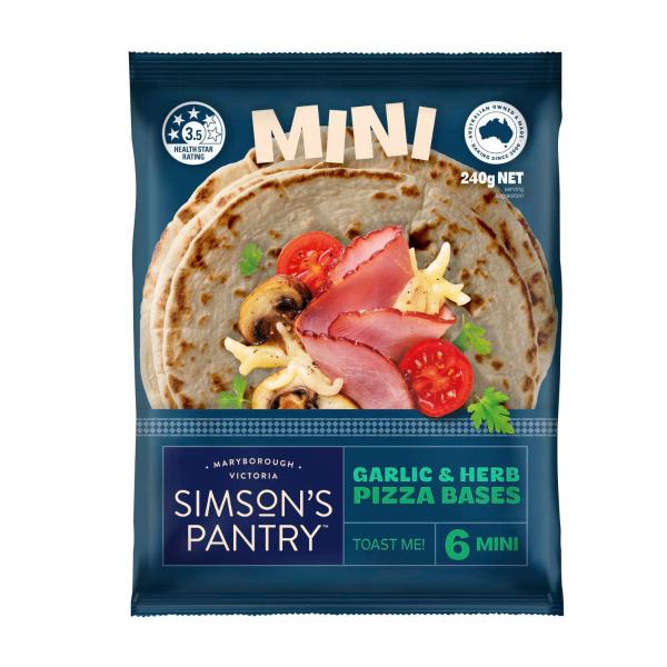 SIMSON'S PANTRY PREMIUM MINI PIZZA BASES GARLIC AND HERB 6PK