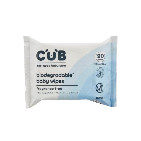 CUB BIODEGRADABLE FRAGRANCE FREE BABY WIPES 20 PACK