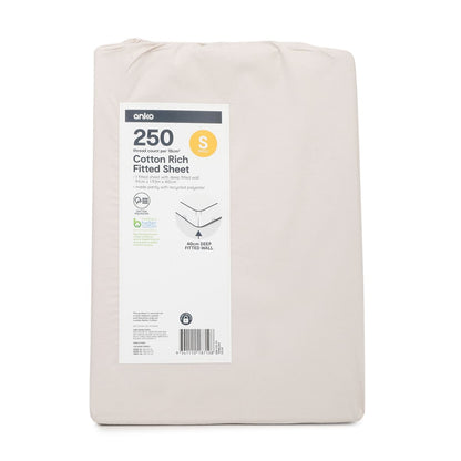 250 Thread Count Cotton Rich Fitted Sheet - Single Bed, Oatmeal